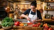 © photoplotnikov - Female chef chopping fresh vegetables on wooden countertop in rustic kitchen preparing ingredients for meal focused domestic cooking scene