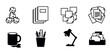 © Happy Carrot - Set of eight black office supply icons including crumpled paper, notebooks, sticky notes, documents, a spilled mug, a pen holder, a desk lamp, and a document tray