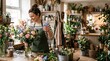 © Raphael - Florist Creating a Masterpiece: A cheerful woman, a skilled florist, meticulously arranges a beautiful bouquet of fresh flowers in her charming shop.