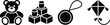 © MC Creative - Childhood toy icon set of black solid symbols for classic teddy bear, stacking building blocks, spinning yoyo, and flying kite