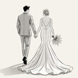 © Vadym - Newly married couple walks away holding hands. Bride in elegant gown carries bouquet groom in suit. Line art wedding illustration signifies love commitment and new beginnings together.