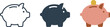 © FahVecStudio - Collection of piggy bank icons in outline, solid dark blue, and a pink version with a coin on top for savings and financial planning