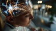 © จงดี พลพวก - Future Mind: A young individual wears a futuristic helmet, with glowing electrical pathways symbolizing enhanced cognitive function and technological advancement.