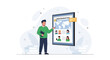 © Tendra - Man presenting global student feed on digital screen with world map and diverse profile pictures, modern flat design illustration.