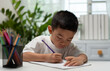 © Father_Studio - Focused young child writing with a pencil on paper at home, representing early learning, literacy development, concentration, education, fine motor skills, homeschooling, and childhood growth.