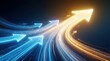 © Viktor - Multiple glowing arrows surge forward on dark background. Blue arrows merge into one dominant golden arrow signifying progress. This visual represents growth, success, and a clear path ahead.