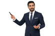 © SINGGIH - Confident Professional Businessman in Navy Suit Pointing and Presenting, News Anchor or Speaker Isolated