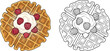 © Safia - Classic Belgian waffle topped with whipped cream and fresh raspberries presented as a vibrant vector illustration and a black and white outline for food menus or coloring activities