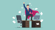 © Howtrek - Successful businessman in superhero cape triumphing at the office