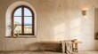 © Manzar - Sunlit interior with arched window overlooking sea with rustic wooden furniture window coastal view interior featuring displays sunlit mediterranean architecture terracotta minimalist