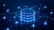 © Home Stock - Abstract wireframe glowing database node connected by digital lines representing decentralized blockchain network and big data computing.