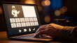 © ismail - Online learning virtual classroom platform, hand typing on laptop showing instructor and student grid with play, chat and checkmark icons, e-learning, remote training and education technology
