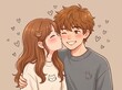 © Trending - Young couple kissing with hearts in soft pastel background