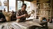© Why - Indonesian craftsman carefully carving traditional wayang kulit shadow puppet from bamboo in his workshop.