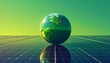 © yuttapoom - A globe reflecting the continents onto a solar panel, set against a vibrant green gradient background, symbolizing clean energy and global sustainability.