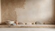 © ANGEL4289 - Japanese Wabi Sabi Background Concept. Minimalist rustic interior with textured wall and traditional pottery on shelf