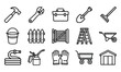 © shadhonchandra - A collection of black and white line icons representing various tools and equipment used for gardening construction maintenance and general agriculture work on a farm