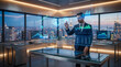 © Creative Designs - Businessman interacting with holographic data visualization in modern office at night time.