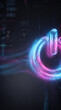 © Inspire Shots Hub - Neon power symbol with glowing pink and blue light effects against a dark, circuitry-patterned background, symbolizing technology and activation, ready for use.