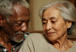 © Pixel-Shot - Elderly african american man and senior indian woman looking down together companionship and diverse relationships, the image themes of aging happiness and mutual support within a domestic setting