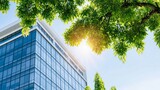 Glass office building under sunny blue sky, fresh green leaves creating natural frame for corporate architecture