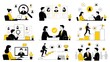 © Monir - A grid of minimalist black-and-yellow illustrations focusing on job recruitment, hiring processes, career development, resume reviews, and corporate networking.