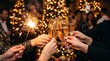 © TAHER - Group of friends holding champagne glasses and a sparkler to celebrate a festive holiday party together