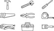 © Lipy - Home Improvement Construction and Carpentry Work Tool Line Icon Set with Hammer, Adjustable Wrench, Screwdriver, Hand Saw, Pliers, and Toolbox Symbols