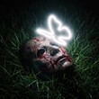 © Adrianoos - Ethereal Neon Butterfly on a Bloody Horror Mask in Dark Grass