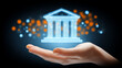 © kaliel - A hand presenting a digital bank building representing financial technology and modern online banking services