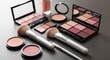 © Phetthanousack - Elegant arrangement of rose-toned powders, eyeshadow palettes, and plush makeup brushes glowing under soft light on a sleek stone tabletop, background, elegant, tools