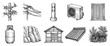 © eclipse - City and nature elements icons set. Urban and outdoor objects concept. Includes utility pole, bollard, air conditioner, window shutter, gas cylinder, rock, house, roof tile, bush. Hand-drawn