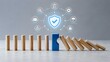 © Aish-Studio - Blue block with a checkmark shield stopping falling wooden dominoes below a risk management process cycle diagram, illustrating corporate strategy, crisis prevention, and business security.