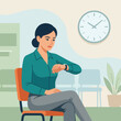 © Virda - Woman impatiently checks her watch while waiting in a modern office or waiting room.