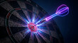 © Alima.Std - Glowing neon dart hitting the bullseye on a sisal dartboard with energy effect