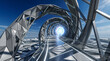 © John - Futuristic geometric bridge with metallic spiral structure, modern architectural tunnel with glowing portal, sci-fi steel walkway under blue sky