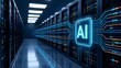 © mcjanuald - Artificial intelligence infrastructure in modern data center featuring glowing AI microchip icon connected to high performance server racks