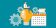© Sanjit - man sitting on light bulb with laptop flat vector illustration gear calendar books business idea innovation workplace professional technology education planning organization conceptual