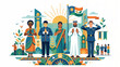 © Me Noviar - Diverse cultural representation illustration, depicting unity, international cooperation, and mutual respect among people from various backgrounds, with a national flag and sun