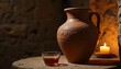 © Joy - Ancient clay pitcher and small glass of wine on stone table with lit candle.