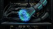 © Charlotte - Close-up of glowing fiber optic cables in server rack, blue and green light transmission, high-speed internet technology, data center connectivity, telecommunication infrastructure