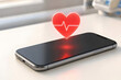 © Vyacheslav - Digital health and telehealth concept with modern smartphone and glowing red 3D holographic heart icon with pulse line, commercial medical stock photo