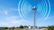 © Emily - Telecommunication tower emitting 5G signal waves against blue sky, wireless internet connectivity and mobile network infrastructure concept illustration