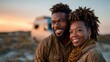 © Larisa AI - A joyful couple captured in an intimate moment during sunset, symbolizing love, warmth, and connection, set against a beautiful outdoor backdrop.