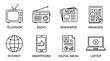 © Irtiko - Set of 8 classic and modern media communication icons. Vector line art symbols for television, radio, newspaper, magazine, internet, smartphone, di...