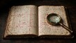 © nyam - Antique Ledger Book with Magnifying Glass on Wooden Table.