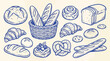 © DARK GRASS - Assorted baked goods including bread baguette croissant and pretzel sketched on a textured background in a vintage style