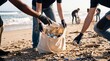 © Aurora Aesthetics - beach cleanup volunteers plastic pollution environment teamwork community sustainability ocean diverse group collects litter along the shore for conservation awareness civic action and eco campaigns