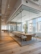 © Asawin - Modern glass-walled conference room with a long wooden table and chairs, illuminated by overhead lights, creating a professional and spacious atmosphere