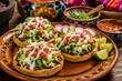 © danialiman - Traditional sopes topped with beans, cheese, lettuce, salsa, and crema, served on a rustic ceramic plate with vibrant fresh ingredients and authentic Mexican flavors.